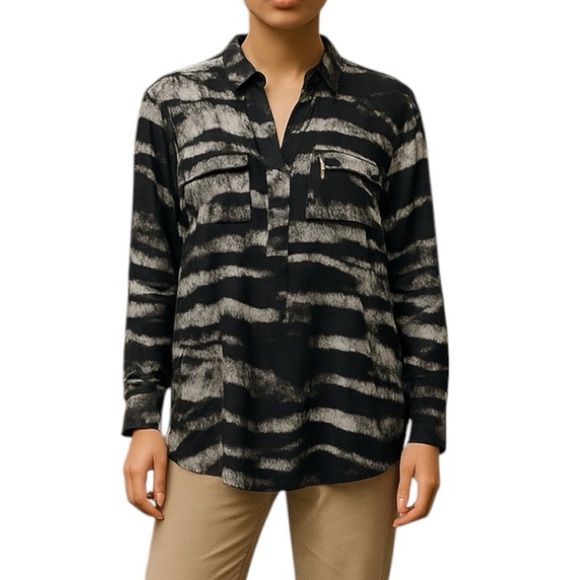 Michael Kors Printed Long Sleeve Blouse Black - Picture 1 of 10